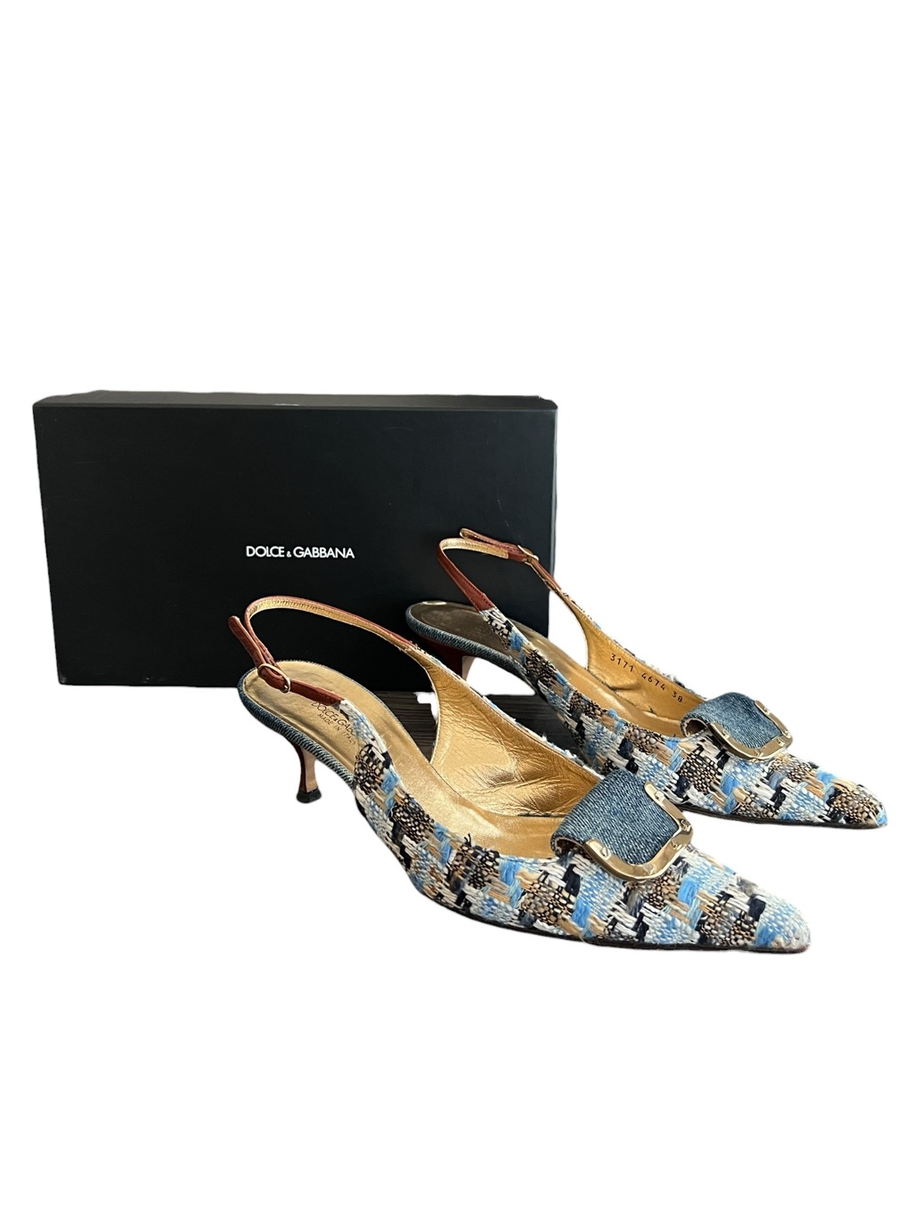 Dolce & Gabbana Women’s Blue Multi Boucle Tweed Point Toe Kitten Heels Size 38